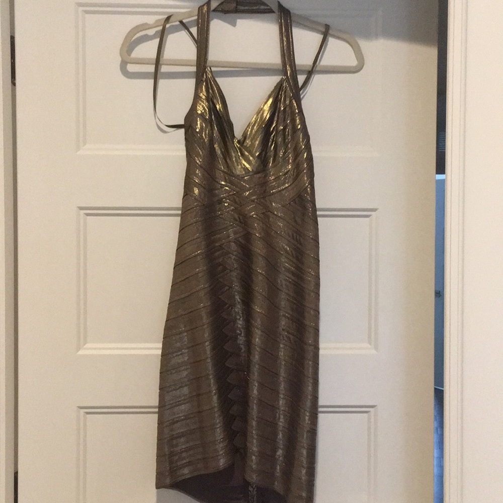 BCBG fitted bronze metallic bandage dress